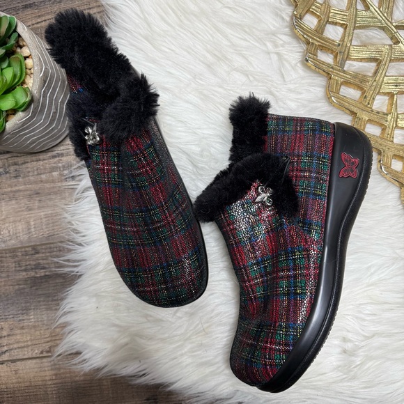 Alegria Plaid Holiday Faux Furr Booties - Picture 1 of 14